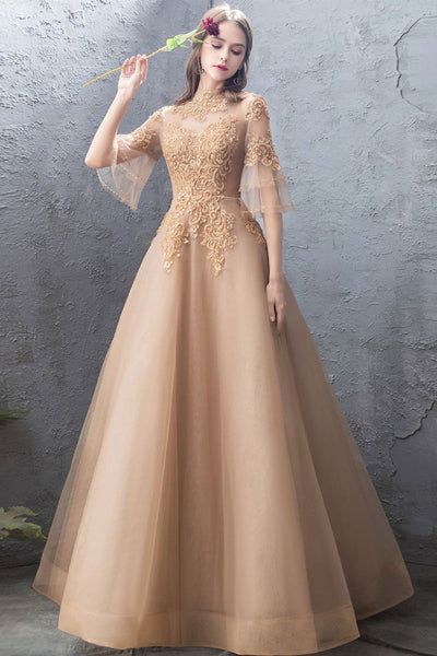 Elegant Flared Sleeves High Neck Champagne Lace Long Prom Dresses, Champagne Lace Formal Evening Dresses