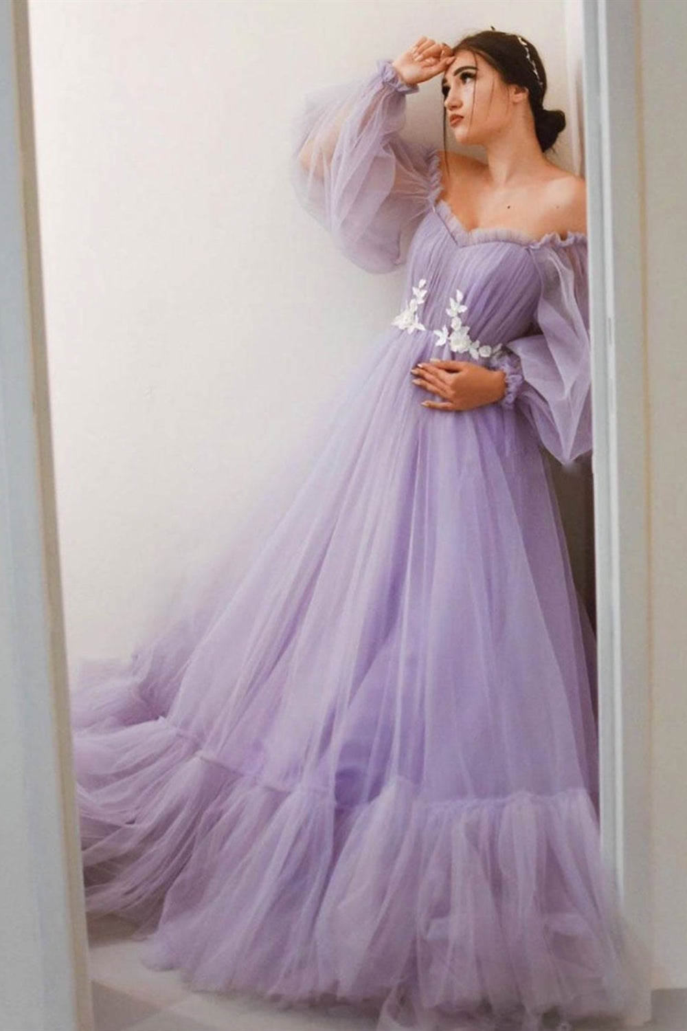 Elegant Long Sleeves Purple Tulle Long Prom Dresses, Long Sleeves Purple Formal Evening Dresses