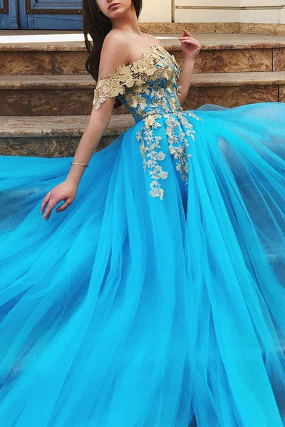 Elegant Off Shoulder Blue Long Prom Dresses with Appliques, Off Shoulder Blue Formal Dresses, Lace Blue Evening Dresses