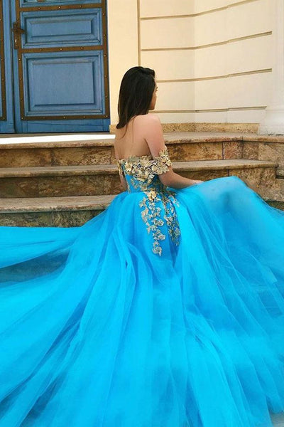 Elegant Off Shoulder Blue Long Prom Dresses with Appliques, Off Shoulder Blue Formal Dresses, Lace Blue Evening Dresses