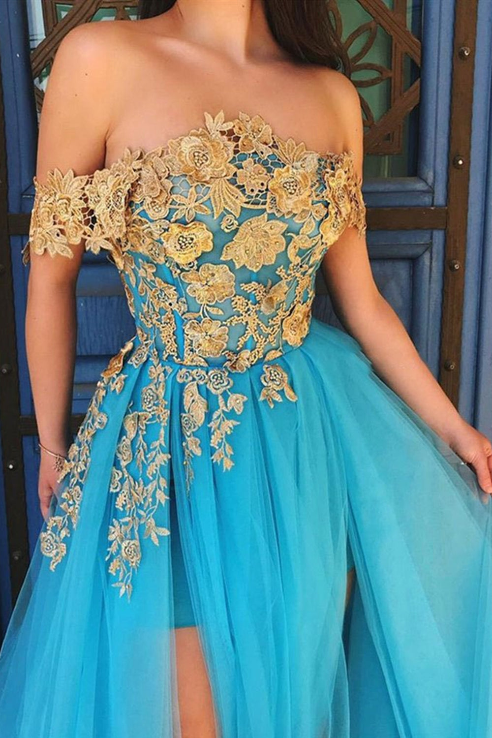 Princess Off Shoulder Long Sleeves Blue Prom Dresses, Off the Shoulder –  Shiny Party