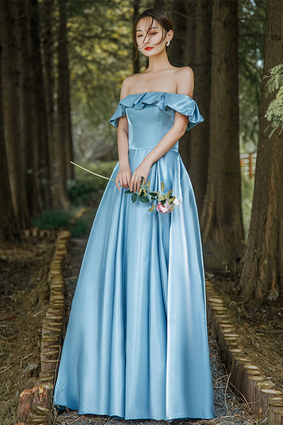 Elegant Off Shoulder Light Blue Satin Long Prom Dresses, Off the Shoulder Blue Formal Graduation Evening Dresses