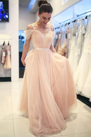 Elegant Off Shoulder Pink Tulle Long Prom Dresses, Off the Shoulder Formal Dresses, Pink Evening Dresses