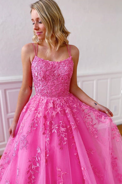 Elegant Open Back Pink Lace Long Prom Dresses, Pink Lace Long Formal Evening Dresses