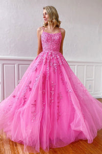 Elegant Open Back Pink Lace Long Prom Dresses, Pink Lace Long Formal Evening Dresses