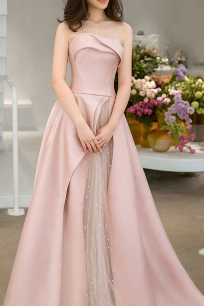 Elegant Pink Long Prom Dresses Strapless Beaded Pink Tulle Formal Graduation Evening Dresses