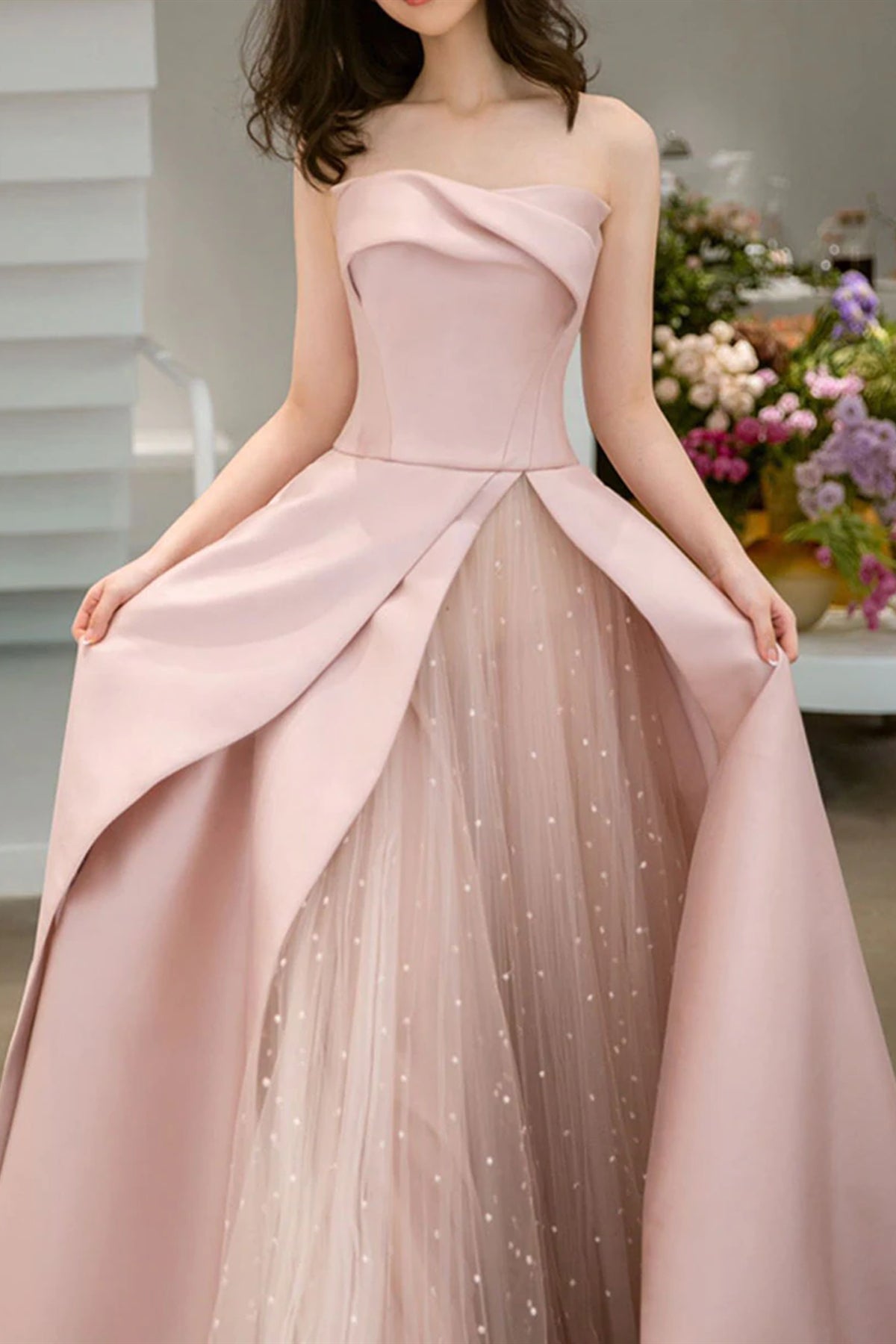 Elegant Pink Long Prom Dresses Strapless Beaded Pink Tulle Formal Grad Lwt Dress Elegant Pink Long Prom Dresses Strapless Beaded Pink Tulle Formal Grad Lwt Dress