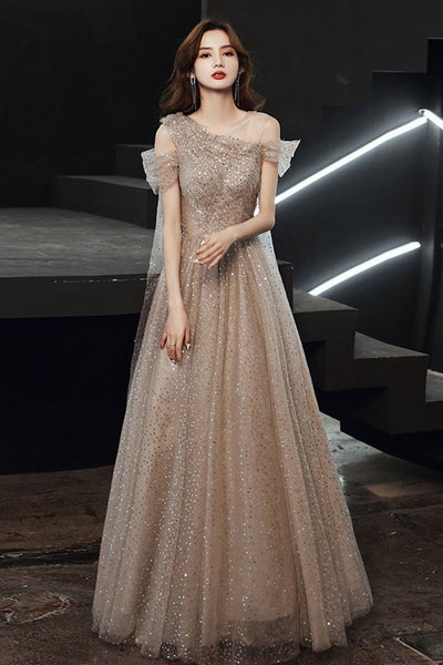 Elegant Shiny Sequins Champagne Long Prom Dresses, Off Shoulder Champagne Formal Evening Dresses
