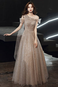 Elegant Shiny Sequins Champagne Long Prom Dresses, Off Shoulder Champagne Formal Evening Dresses