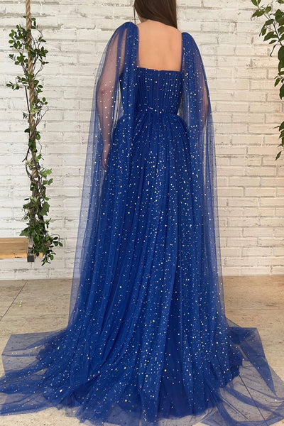 Elegant Shiny Tulle Blue Open Back Long Prom Dresses, Long Blue Tulle Formal Evening Dresses