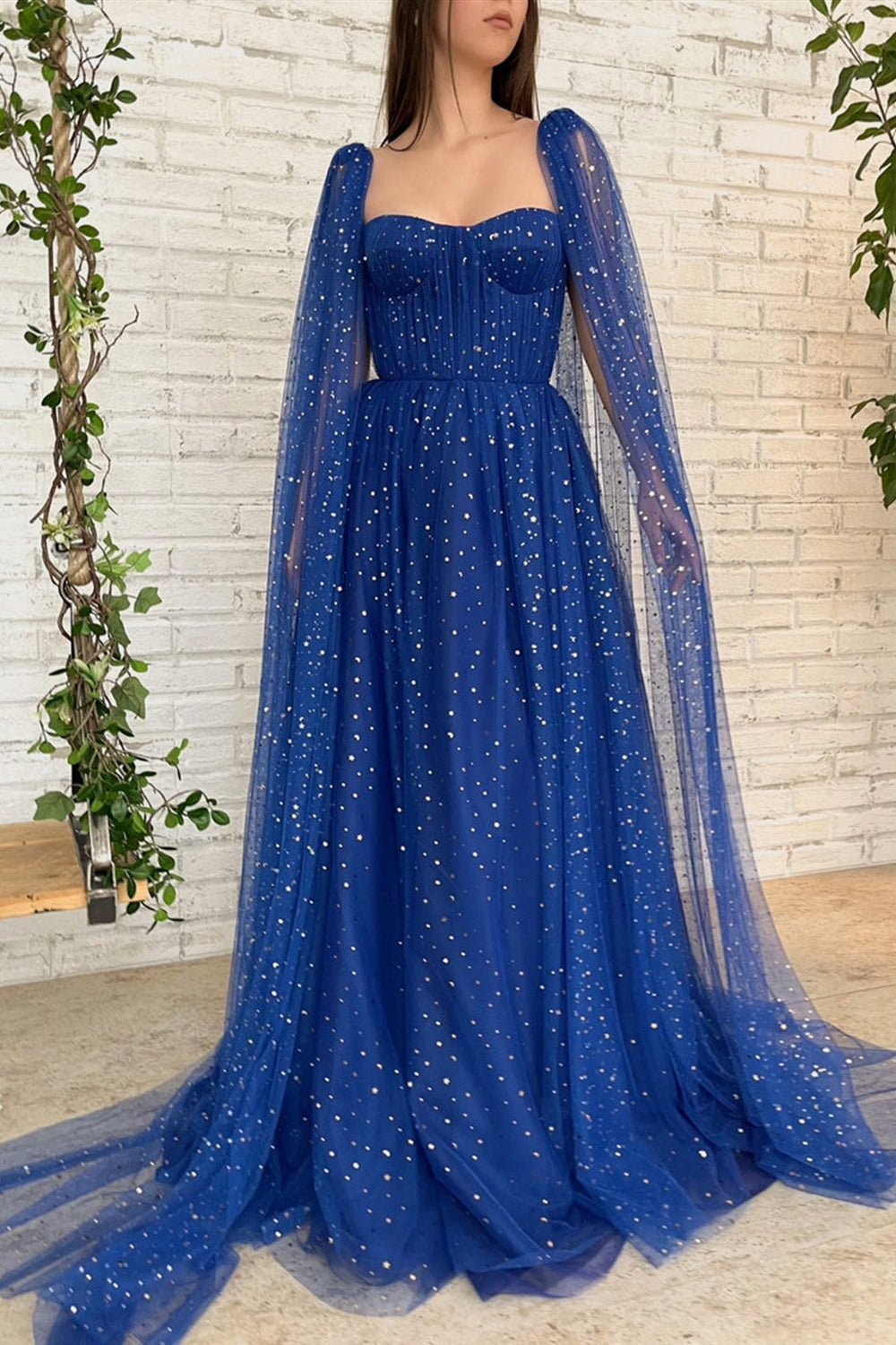 Elegant Shiny Tulle Blue Open Back Long Prom Dresses, Long Blue Tulle Formal Evening Dresses