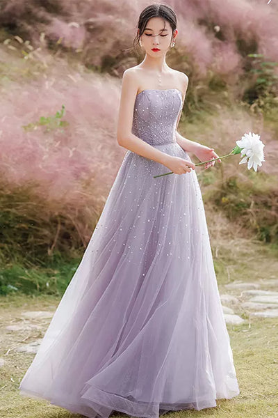 Elegant Strapless Beaded Light Purple Tulle Long Prom Dresses, Beaded Light Purple Formal Graduation Evening Dresses WT1015