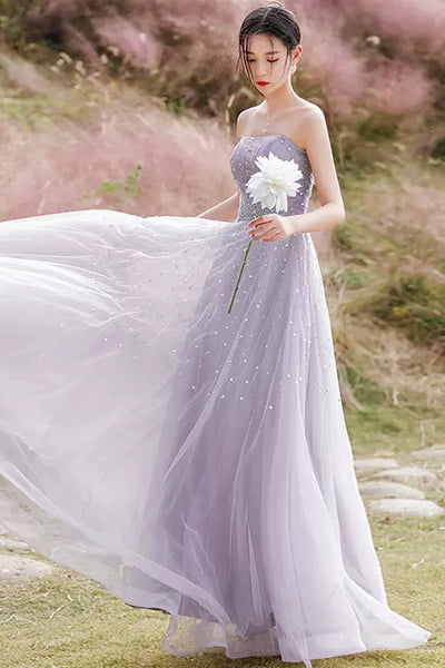 Elegant Strapless Beaded Light Purple Tulle Long Prom Dresses, Beaded Light Purple Formal Graduation Evening Dresses WT1015