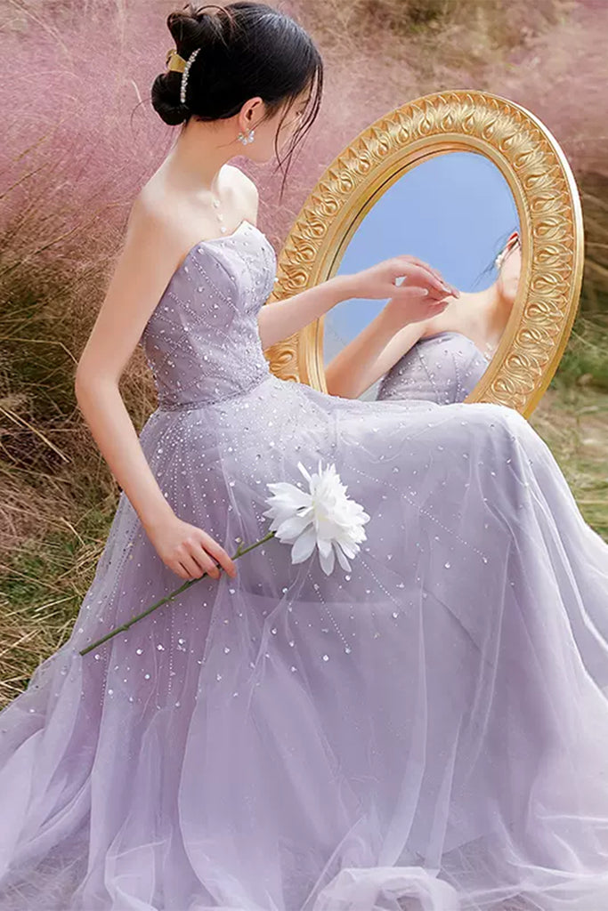 Elegant Strapless Beaded Light Purple Tulle Long Prom Dresses, Beaded Lwt Dress Elegant Strapless Beaded Light Purple Tulle Long Prom Dresses, Beaded Lwt Dress