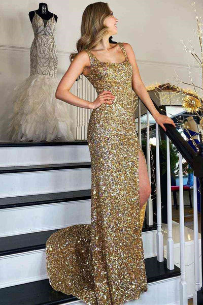 Gold Sequins Open Back Mermaid Long Prom Dresses with High Slit, Golden Sequins Formal Graduation Evening Dresses WT1167