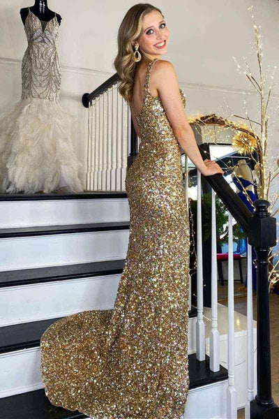 Gold Sequins Open Back Mermaid Long Prom Dresses with High Slit, Golden Sequins Formal Graduation Evening Dresses WT1167
