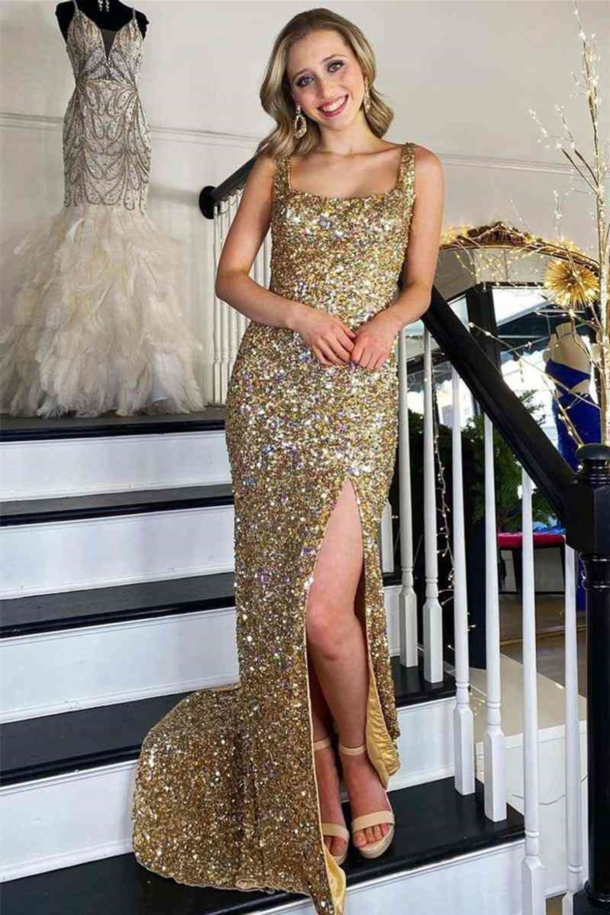 Gold Sequins Open Back Mermaid Long Prom Dresses with High Slit, Golde Lwt Dress Gold Sequins Open Back Mermaid Long Prom Dresses with High Slit, Golde Lwt Dress