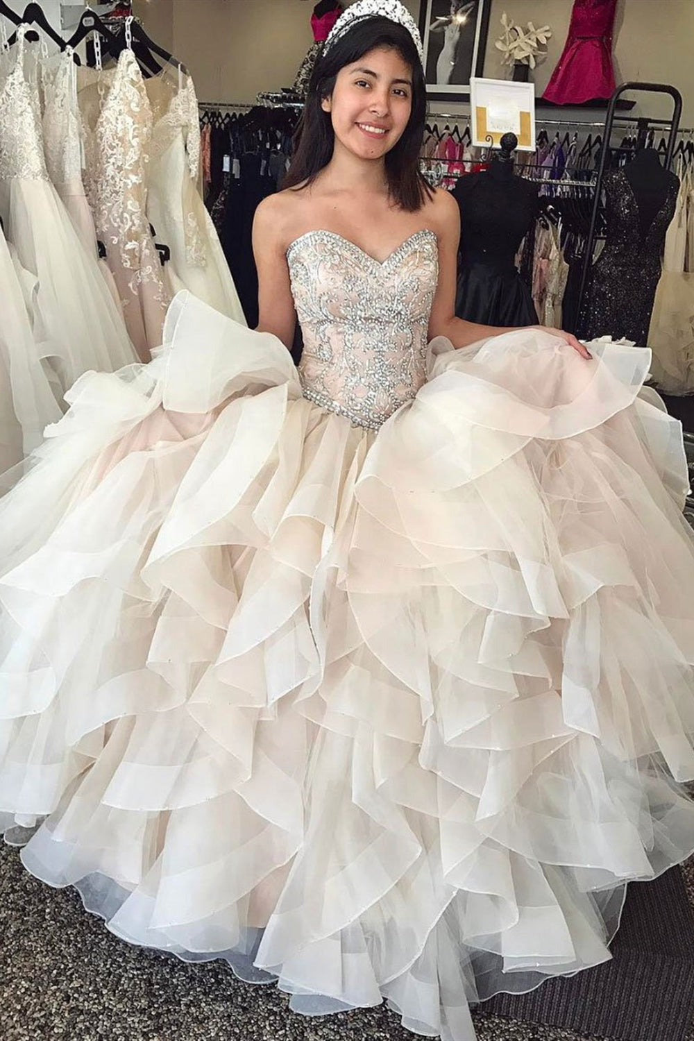 Gorgeous Beaded Champagne Fluffy Long Prom Dresses, Beaded Champagne Formal Evening Dresses, Ball Gown