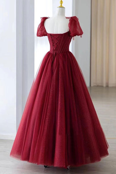 Gorgeous Burgundy Tulle Beaded Long Prom Dresses, Burgundy Formal Evening Dresses, Ball Gown WT1051