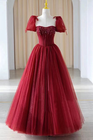 Gorgeous Burgundy Tulle Beaded Long Prom Dresses, Burgundy Formal Evening Dresses, Ball Gown WT1051
