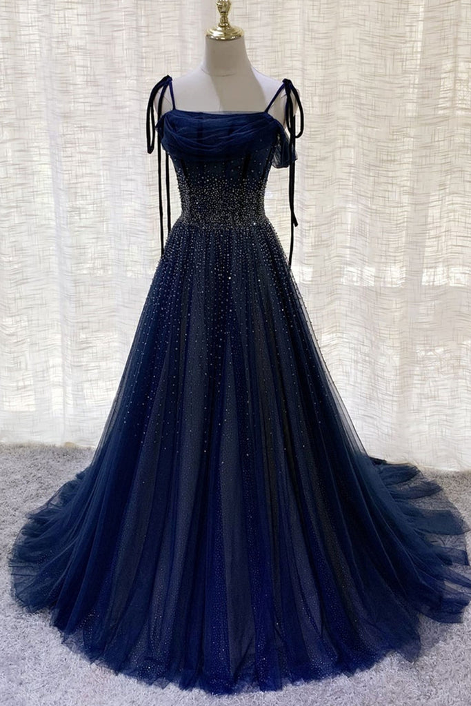 navy blue tulle prom dress Navy Blue Tulle Long Prom Dress, A-Line Sweetheart Neck Evening Party