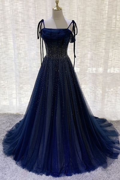 Gorgeous Dark Blue Tulle Beaded Long Prom Dresses, Navy Blue Beaded Formal Dresses, Long Dark Blue Evening Dresses