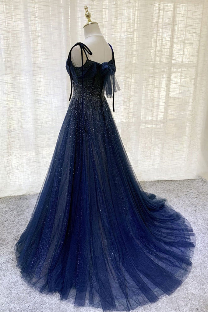 Gorgeous Dark Blue Tulle Beaded Long Prom Dresses, Navy Blue Beaded Fo Lwt Dress Gorgeous Dark Blue Tulle Beaded Long Prom Dresses, Navy Blue Beaded Fo Lwt Dress