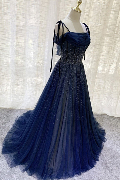 Gorgeous Dark Blue Tulle Beaded Long Prom Dresses, Navy Blue Beaded Formal Dresses, Long Dark Blue Evening Dresses
