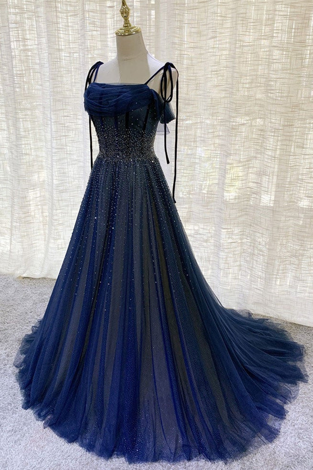 beautiful dark blue dress Elegant A line Straps Tulle Navy Blue Prom Dresses Formal Evening Dres PreppyDress