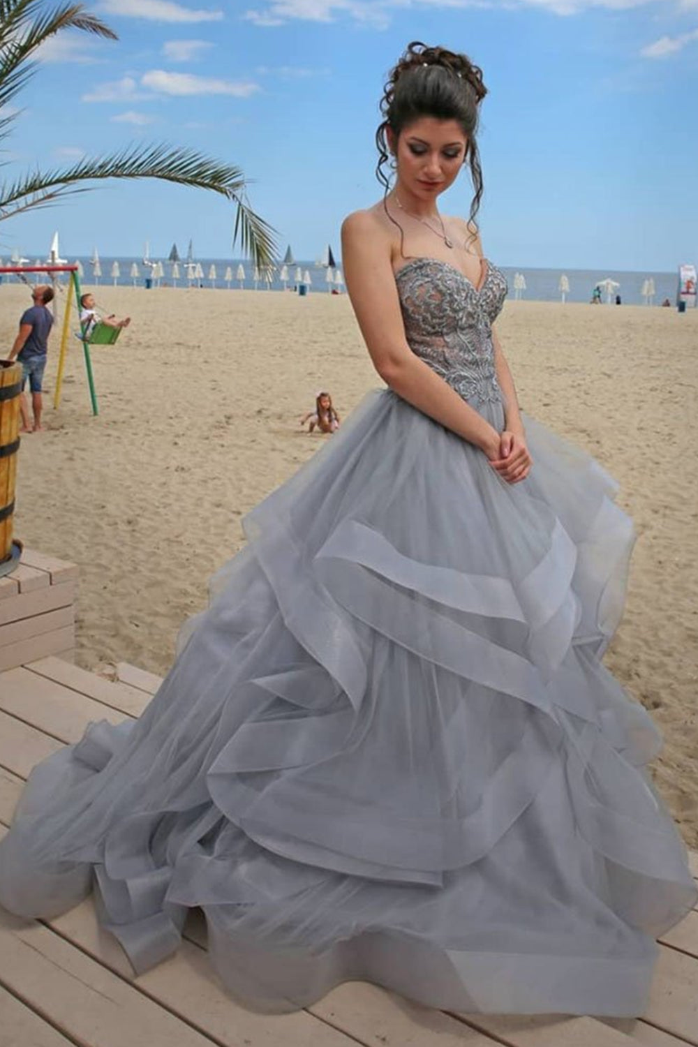Gorgeous Fluffy Gray Lace Long Prom Dresses, Gray Lace Formal Evening Dresses, Grey Ball Gown