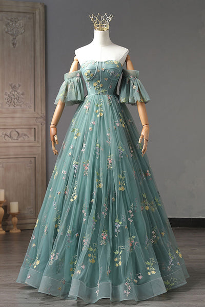 Gorgeous Green Tulle Long Prom Dresses with Appliques, Green Floral Formal Evening Dresses, Ball Gown WT1119
