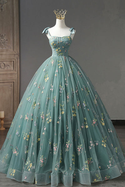 Gorgeous Green Tulle Long Prom Dresses with Appliques, Green Floral Formal Evening Dresses, Ball Gown WT1119