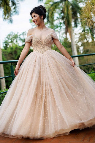Gorgeous Off Shoulder Beaded Champagne Long Prom Dresses, Beaded Champagne Formal Evening Dresses