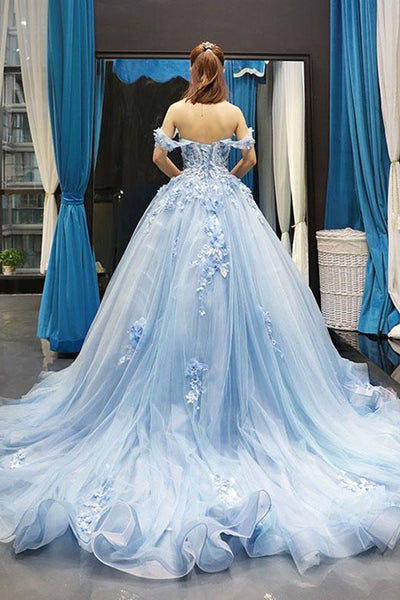 Gorgeous Off Shoulder Blue Lace Long Prom Dresses, Blue Lace Formal Dresses, Blue Evening Dresses, Ball Gown
