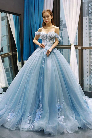Gorgeous Off Shoulder Blue Lace Long Prom Dresses, Blue Lace Formal Dresses, Blue Evening Dresses, Ball Gown