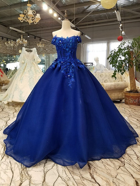 Gorgeous Off Shoulder Blue Lace Long Prom Dresses, Blue Lace Formal Evening Dresses, Blue Ball Gown