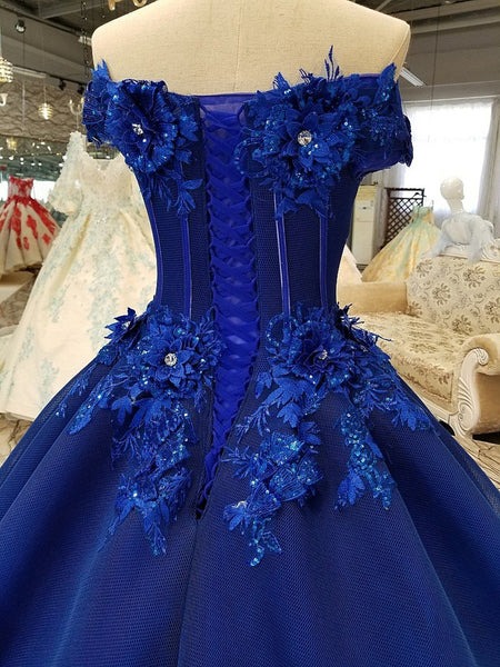 Gorgeous Off Shoulder Blue Lace Long Prom Dresses, Blue Lace Formal Evening Dresses, Blue Ball Gown
