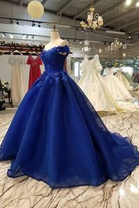 Gorgeous Off Shoulder Blue Lace Long Prom Dresses, Blue Lace Formal Evening Dresses, Blue Ball Gown