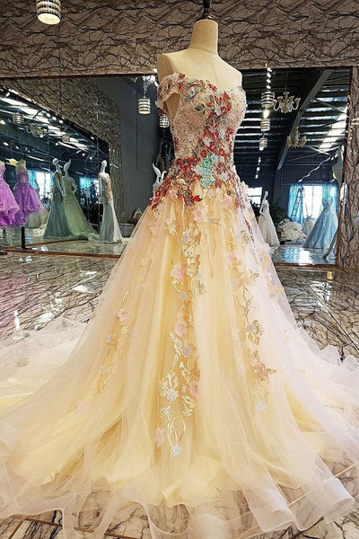 Gorgeous Off Shoulder Champagne Tulle Floral Beaded Long Prom Dresses, Champagne Formal Evening Dresses with 3D Flowers, Beaded Champagne Ball Gown