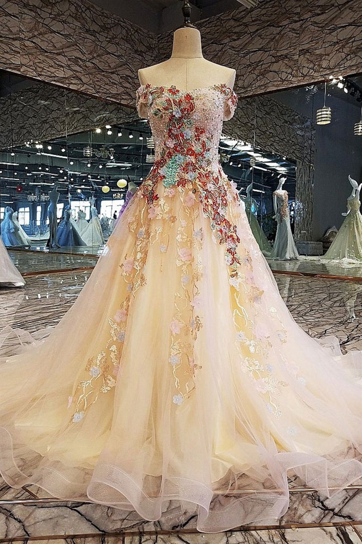 Gorgeous Off Shoulder Champagne Tulle Floral Beaded Long Prom Dresses, Lwt Dress Gorgeous Off Shoulder Champagne Tulle Floral Beaded Long Prom Dresses, Lwt Dress