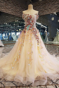 Gorgeous Off Shoulder Champagne Tulle Floral Beaded Long Prom Dresses, Champagne Formal Evening Dresses with 3D Flowers, Beaded Champagne Ball Gown