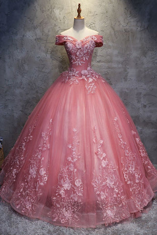 Gorgeous Off Shoulder Pink Lace Floral Long Prom Dresses, Pink Tulle Long Formal Dresses, Pink Evening Dresses