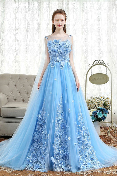 Gorgeous Round Neck Blue Lace Floral Long Prom Dresses, Blue Lace Formal Dresses, Blue Evening Dresses with Flowers