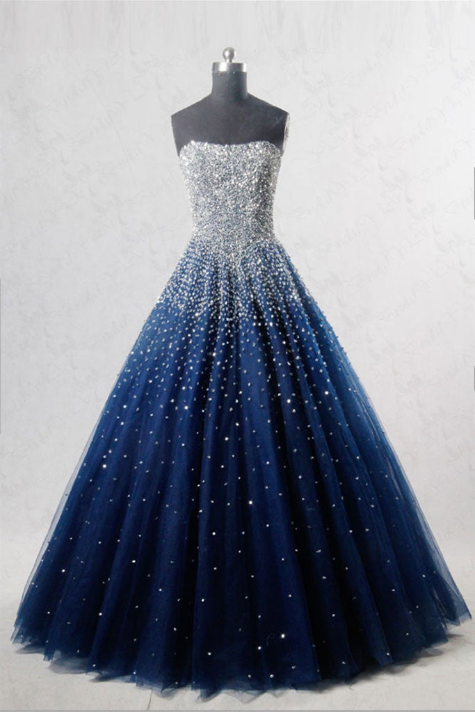 Gorgeous Strapless Beaded Dark Blue Tulle Long Prom Dresses, Open Back Lwt Dress Gorgeous Strapless Beaded Dark Blue Tulle Long Prom Dresses, Open Back Lwt Dress