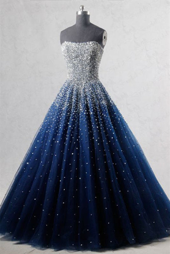 Gorgeous Strapless Beaded Dark Blue Tulle Long Prom Dresses, Open Back Lwt Dress Gorgeous Strapless Beaded Dark Blue Tulle Long Prom Dresses, Open Back Lwt Dress