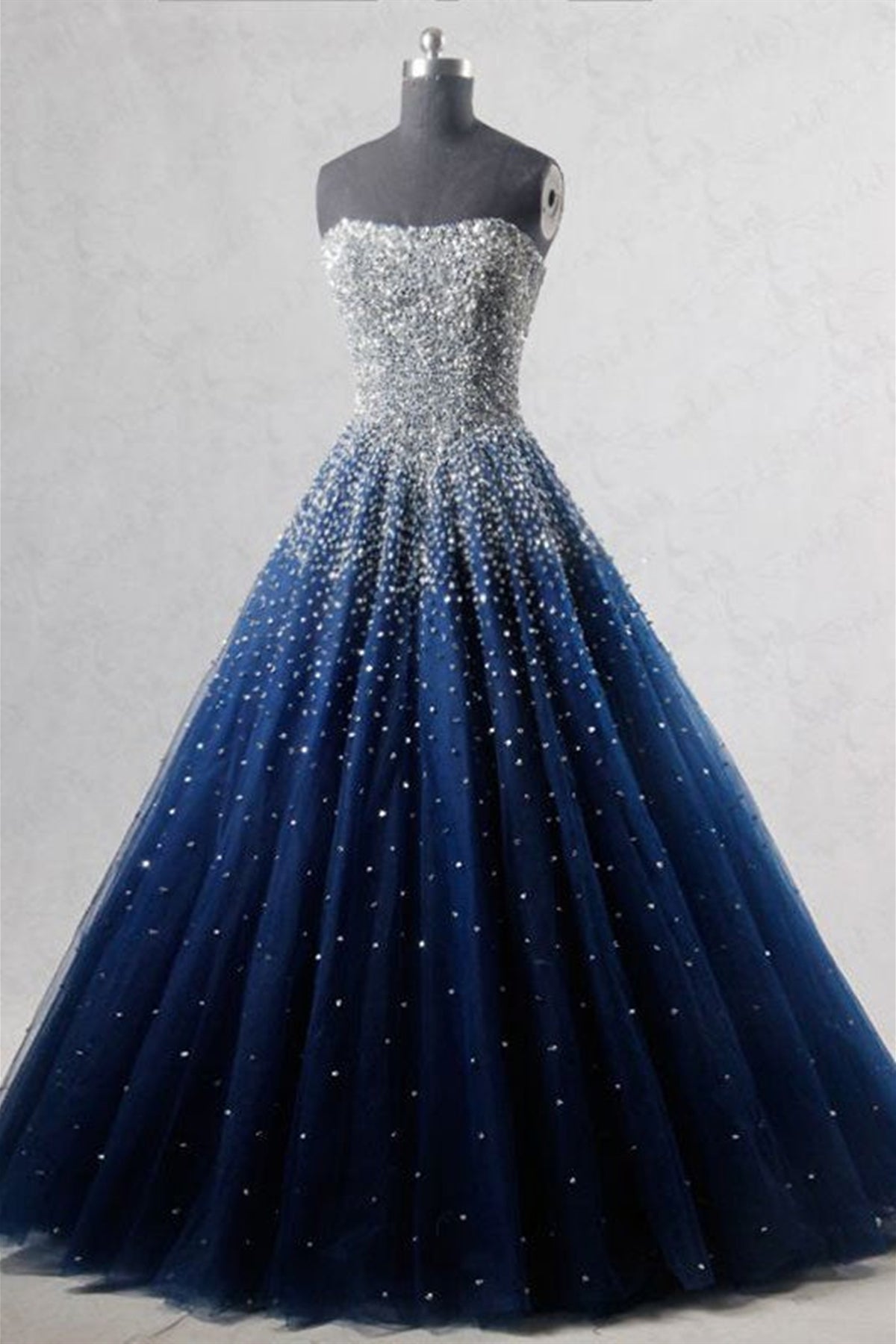 Gorgeous Strapless Beaded Dark Blue Tulle Long Prom Dresses, Open Back Beaded Dark Blue Formal Evening Dresses, Beaded Blue Ball Gown