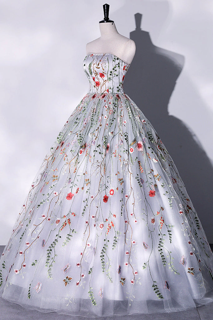 Gorgeous Strapless Floral White Long Prom Dresses, White Formal Evenin Lwt Dress Gorgeous Strapless Floral White Long Prom Dresses, White Formal Evenin Lwt Dress