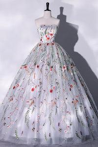 Gorgeous Strapless Floral White Long Prom Dresses, White Formal Evening Dresses with Appliques, Floral Ball Gown WT1149