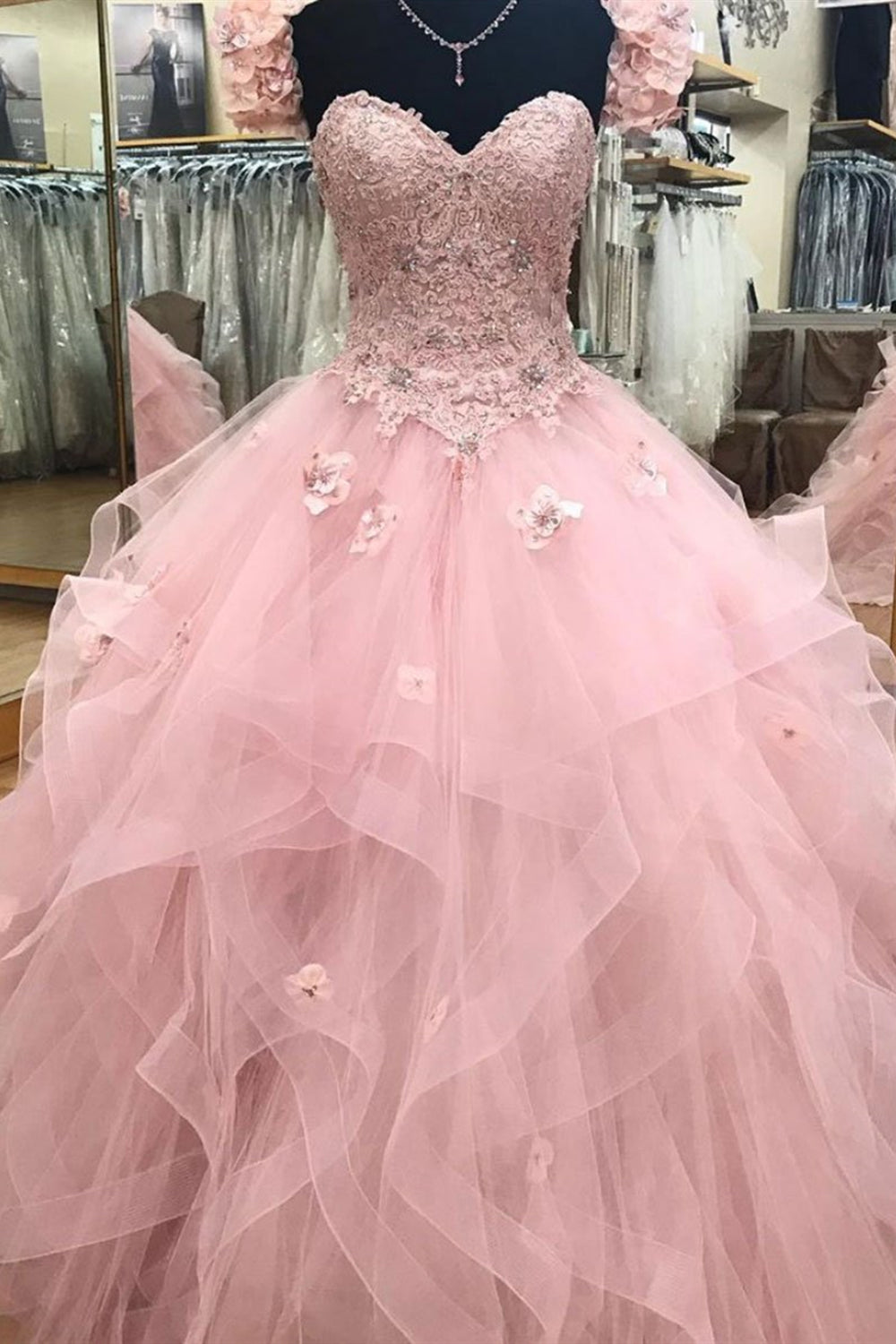 Gorgeous Strapless Pink Lace Fluffy Long Prom Dresses, Pink Lace Floral Formal Dresses, Pink Evening Dresses