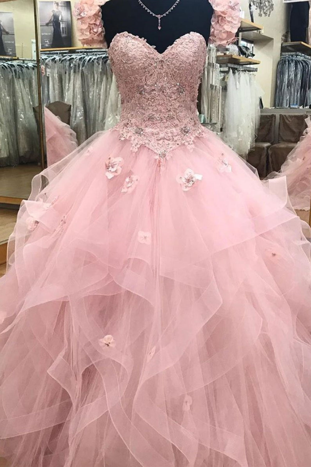 Gorgeous Strapless Pink Lace Fluffy Long Prom Dresses, Pink Lace Flora Lwt Dress Gorgeous Strapless Pink Lace Fluffy Long Prom Dresses, Pink Lace Flora Lwt Dress